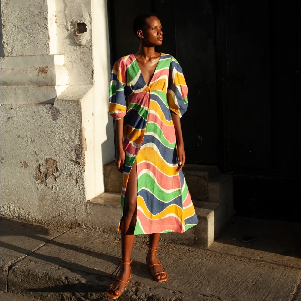 Cala de la Cruz Wave-Print Linen Midi Dress - Picture 3 of 9